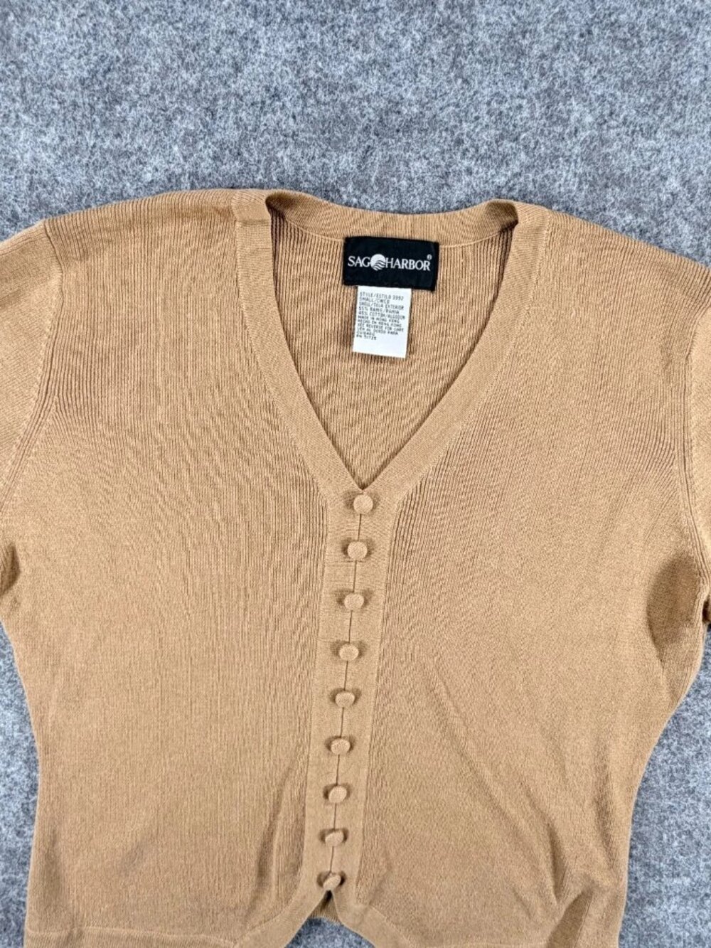 Vintage Sag Harbor Sweater Womens S Brown Tan V-Neck Short Sleeve Button Detail - Picture 6 of 16